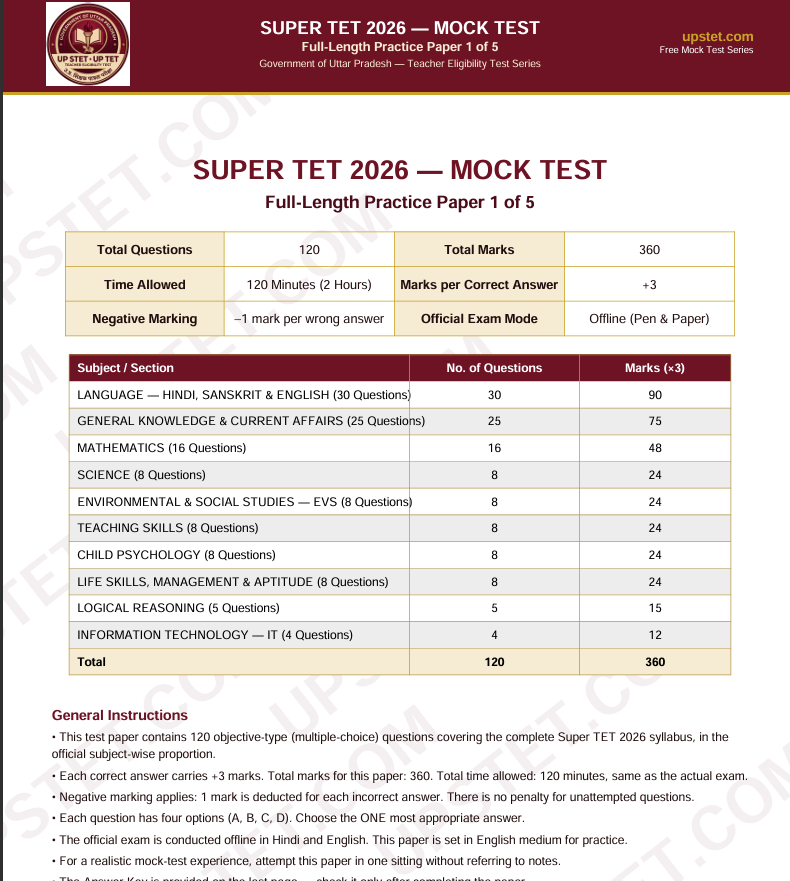 Uttar Pradesh Super TET Mock Test New Pattern 2026